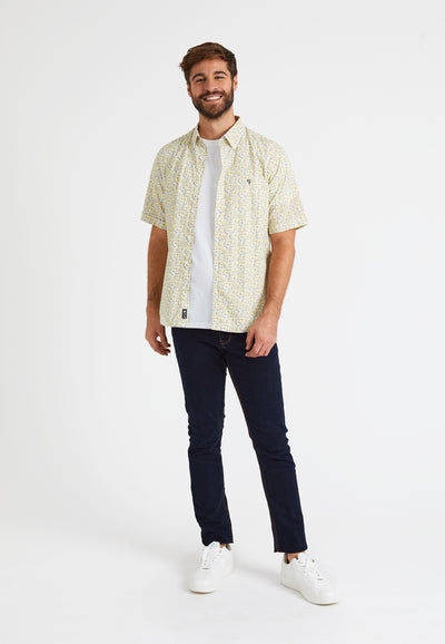 Men's shirt, white flower print, buttoned collar