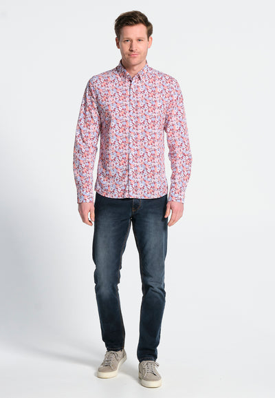 Men's long-sleeved shirt, in cotton fabric, red and blue floral print, buttoned collar