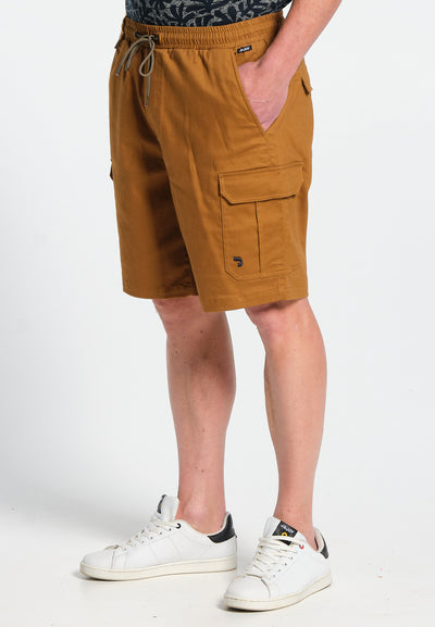 Men's cargo shorts in sandy brown stretch cotton, button closure and zip fly