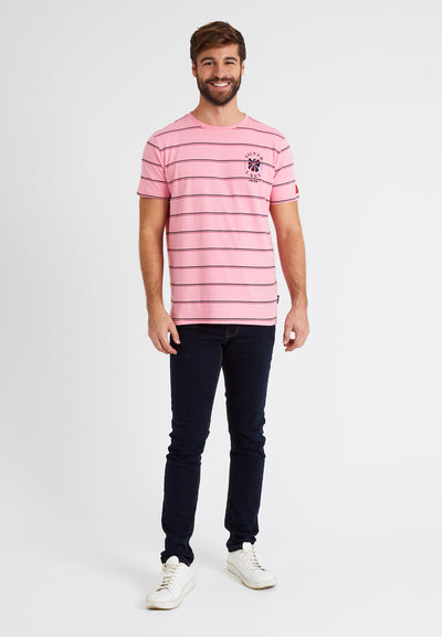 Roze gestreept heren-T-shirt met patroon op de achterkant
