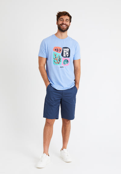 Men's blue short-sleeved T-shirt with front motif
