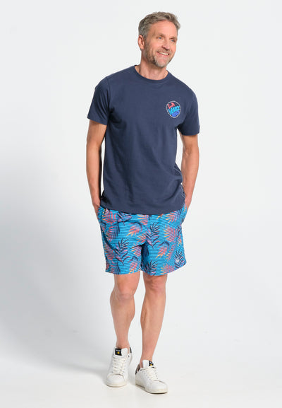 Marineblauw heren-T-shirt met patroon op de rug