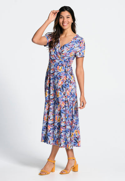 Women's long wrap dress, V-neck short sleeves, multicolored floral pattern