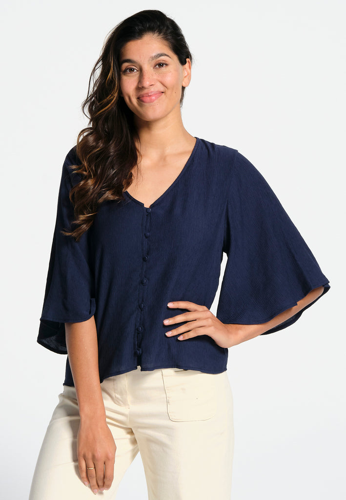 Navy blue women's shirt, kimono sleeves, V-neck, buttoned opening at the front, lined in viscose